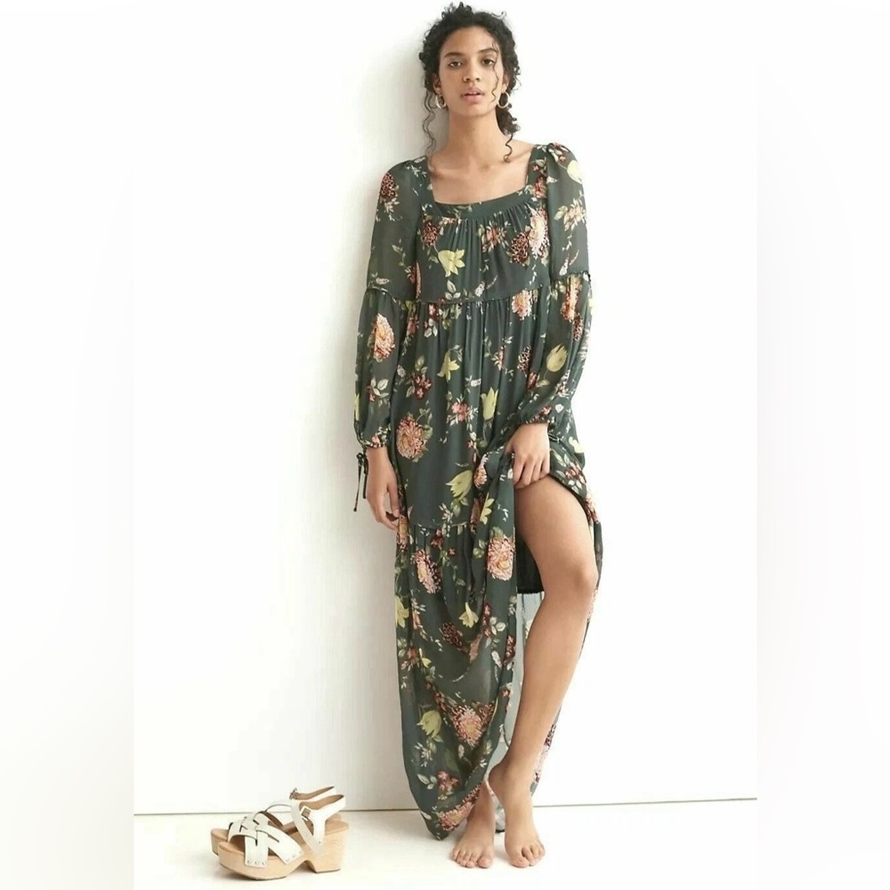 Anthropologie Evelin Maxi Dress Green Floral Boho Ruffle Tiered Chiffon size XS